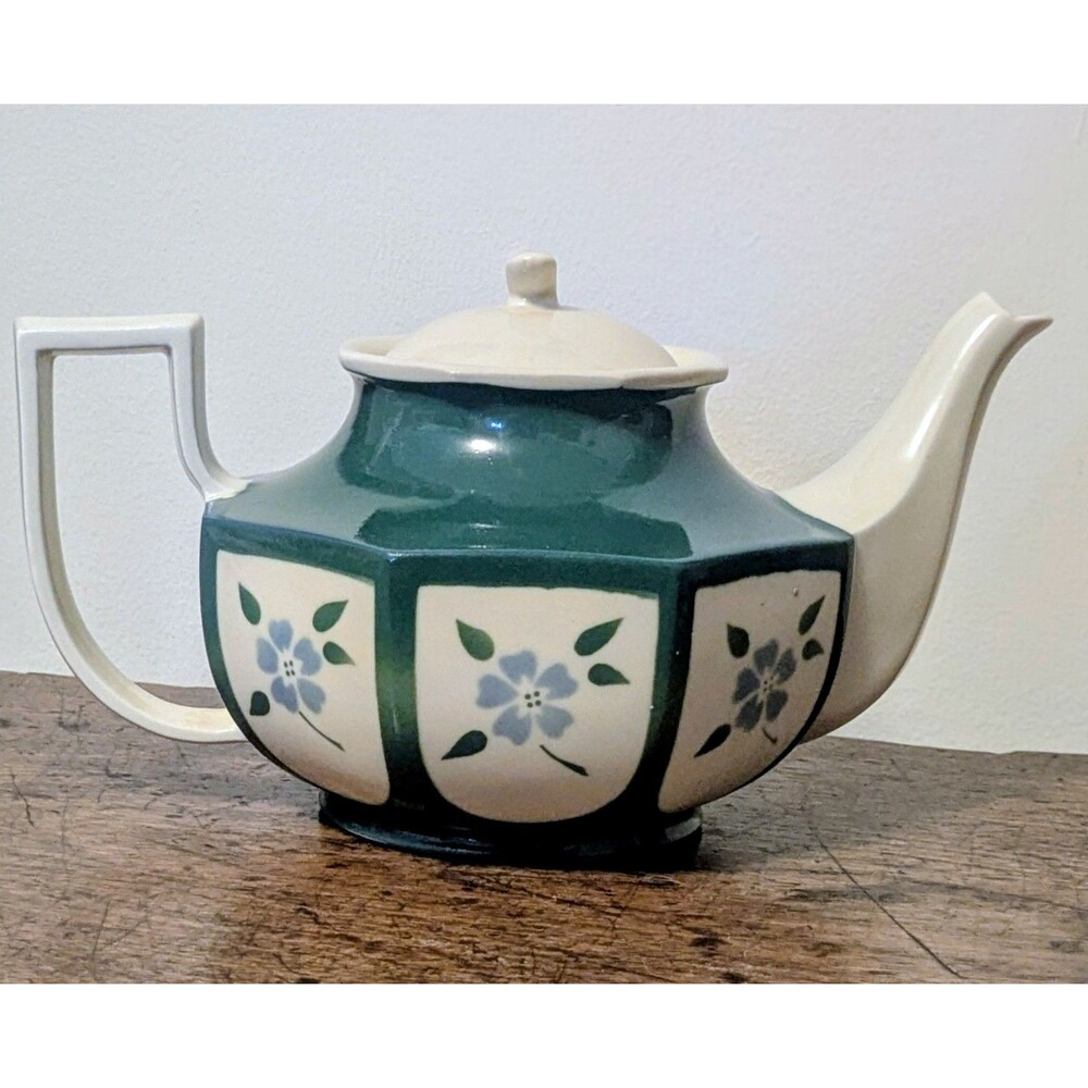 Vintage Porcelier Vitreous China Teapot Green White Geometric Floral  With Lid